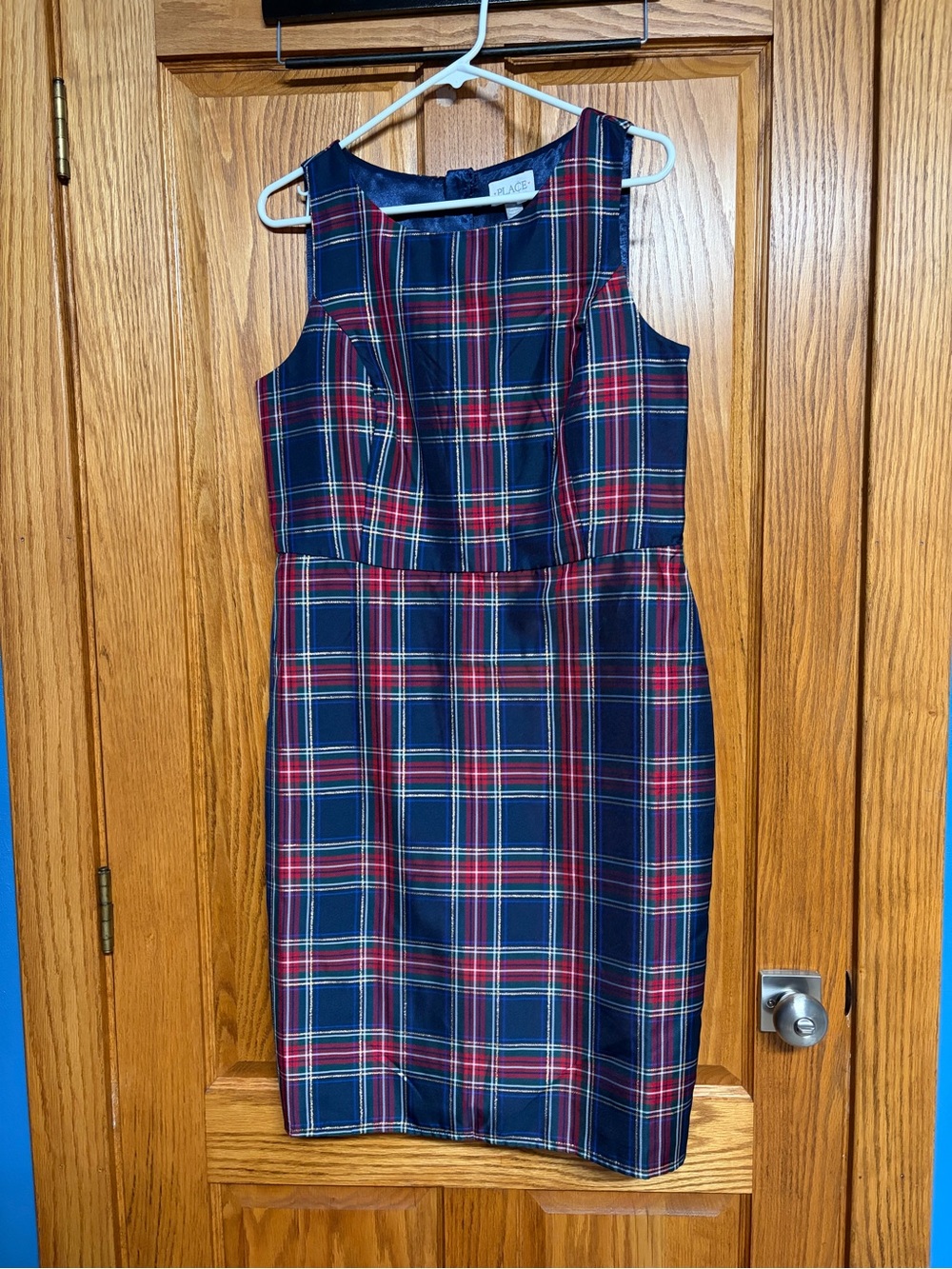Place Navy and Red Plaid Sleeveless Midi Dress